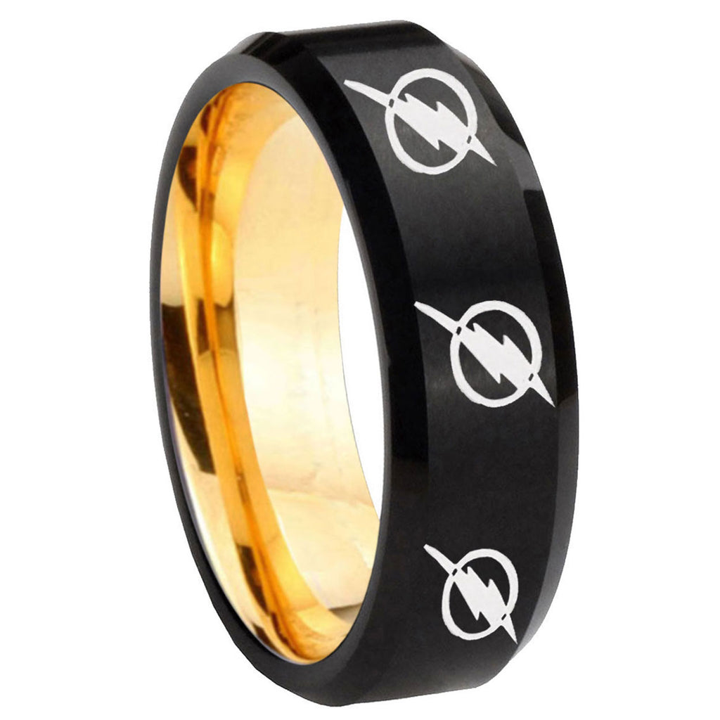 8mm Multiple Flash Beveled Edge Black And Gold Wedding Band