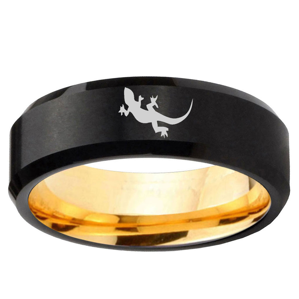 Lizard Beveled Edge Black And Gold Tungsten Ring for Men