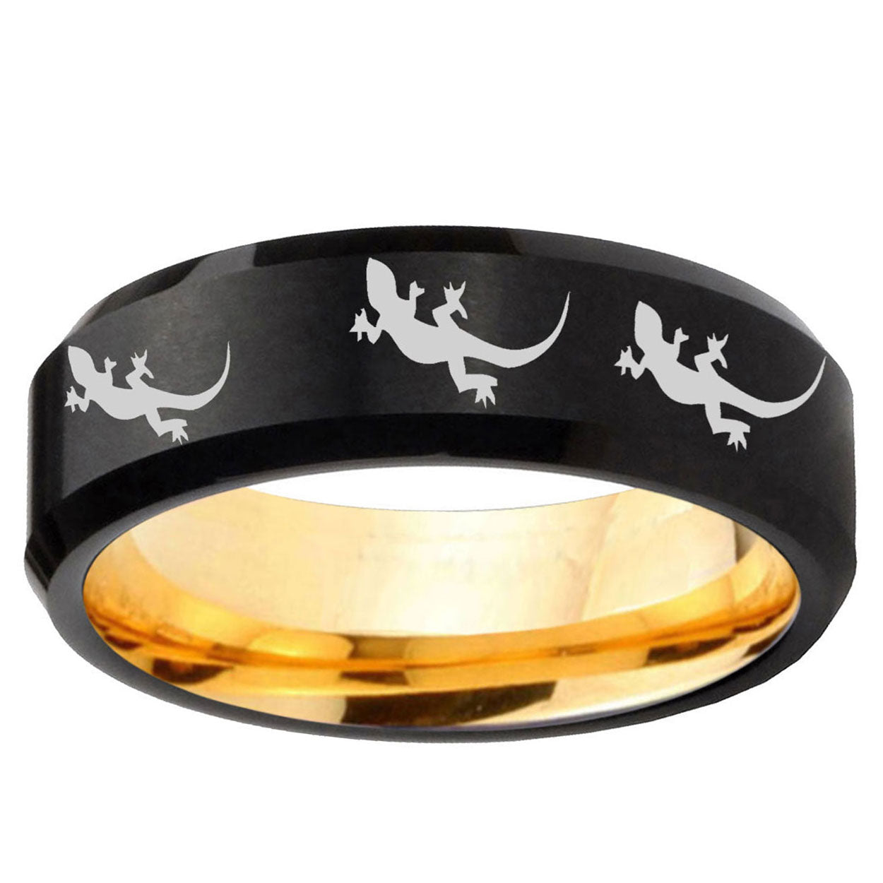 Multiple Lizard Beveled Edge Black And Gold Tungsten Ring