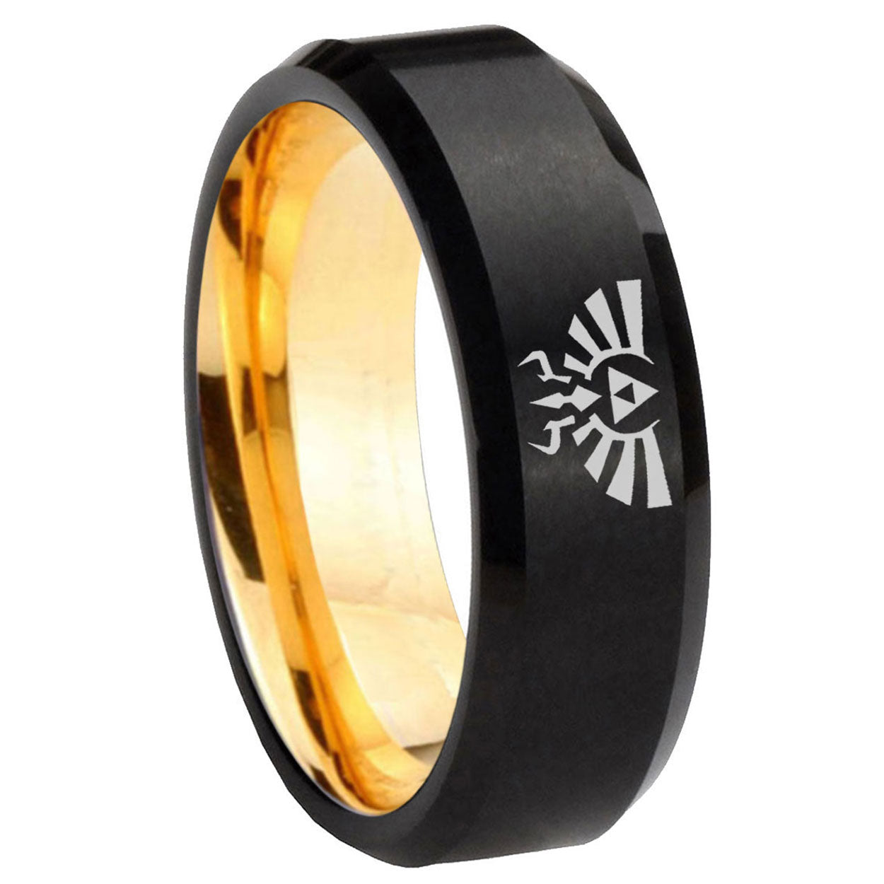 8mm Zelda Skyward Sword Beveled Edge Black Gold Tungsten Ring