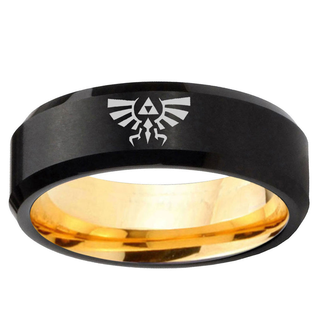 Zelda Skyward Sword Beveled Edge Black Gold Tungsten Ring