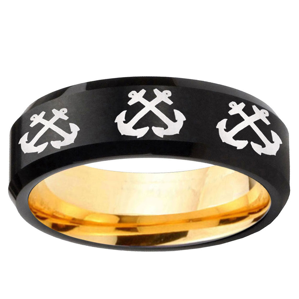 Multiple Anchor Beveled Edge Black And Gold Tungsten Ring