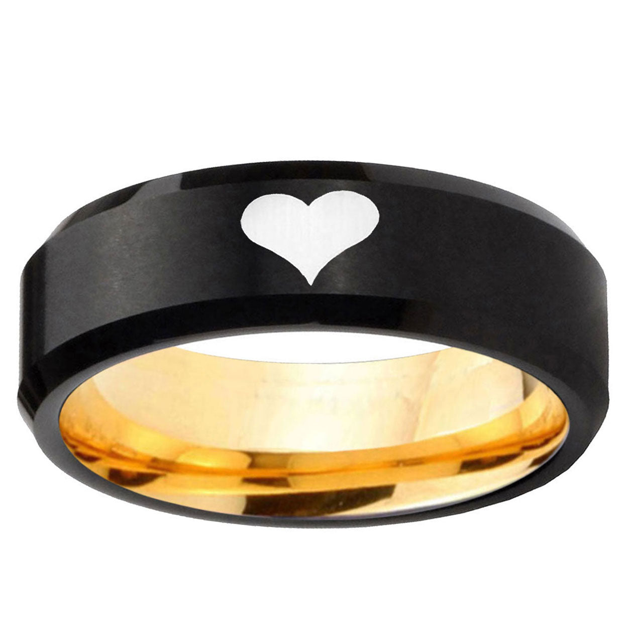 Heart Beveled Edge Black And Gold Tungsten Engraved Ring