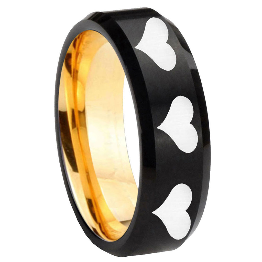8mm Multiple Heart Beveled Edge Black Gold Tungsten Ring
