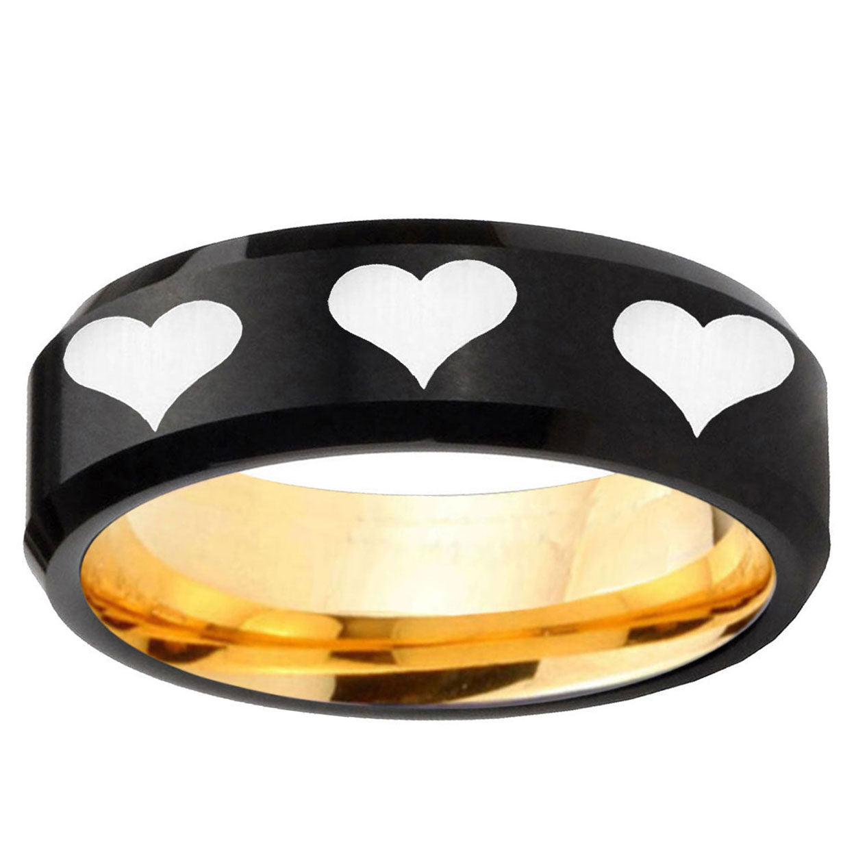 Multiple Heart Beveled Edge Black Gold Tungsten Ring