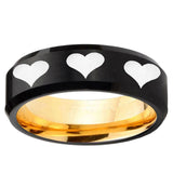 Multiple Heart Beveled Edge Black And Gold Tungsten Men's Anniversary Ring