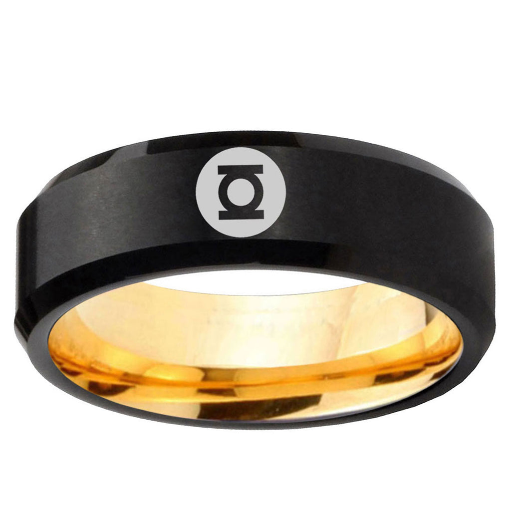 Green Lantern Beveled Edge Gold Black Ring Engraved
