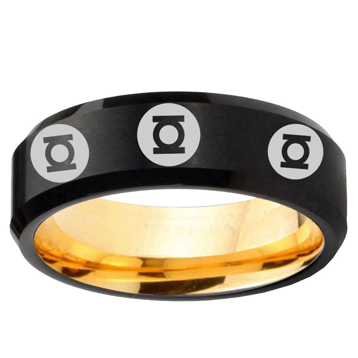 Multiple Green Lantern Beveled Black Gold Unique Men Ring