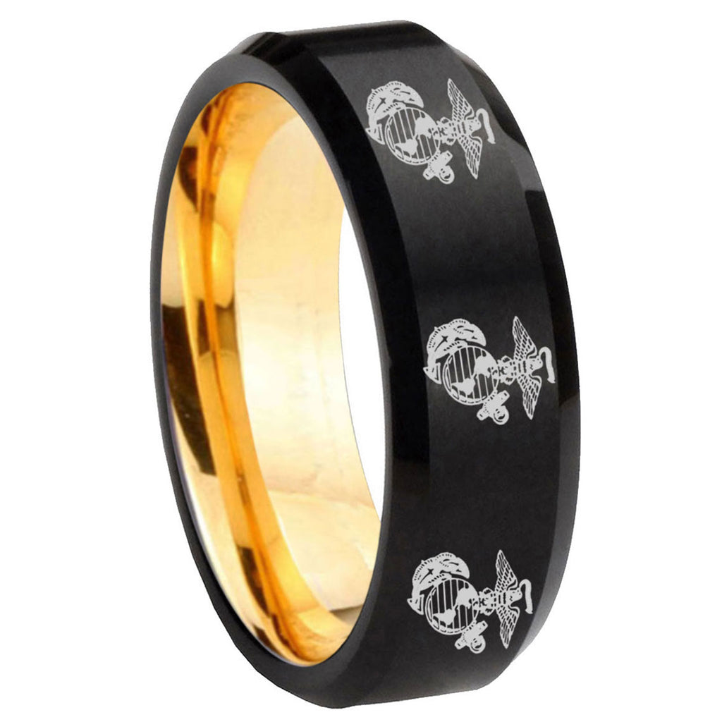 8mm Multiple Marine Beveled Edge Black Gold Tungsten Ring