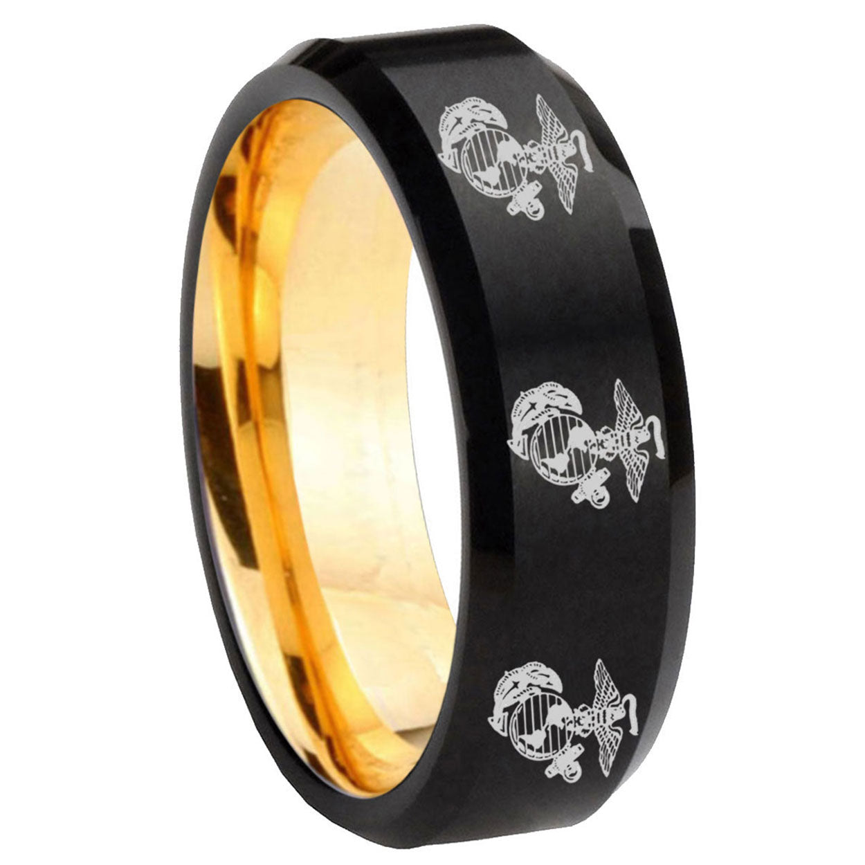 8mm Multiple Marine Beveled Edge Black Gold Tungsten Ring