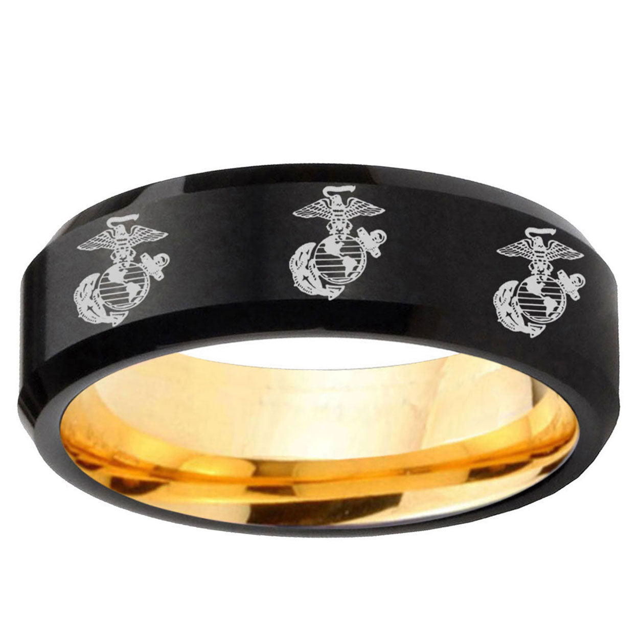 Multiple Marine Beveled Edge Black Gold Tungsten Ring