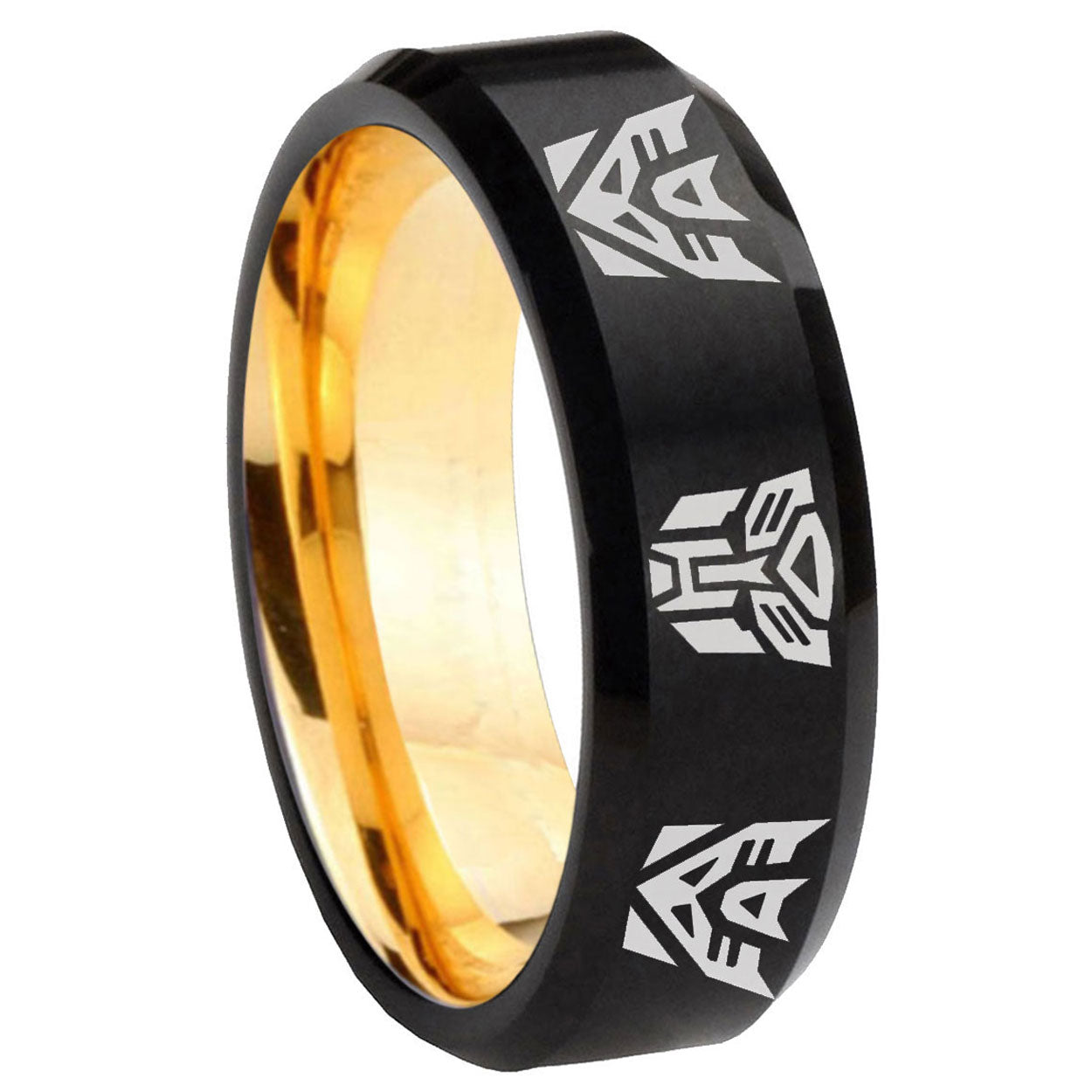 8mm Transformers Autobot Decepticon Bevel Black Gold Tungsten Ring