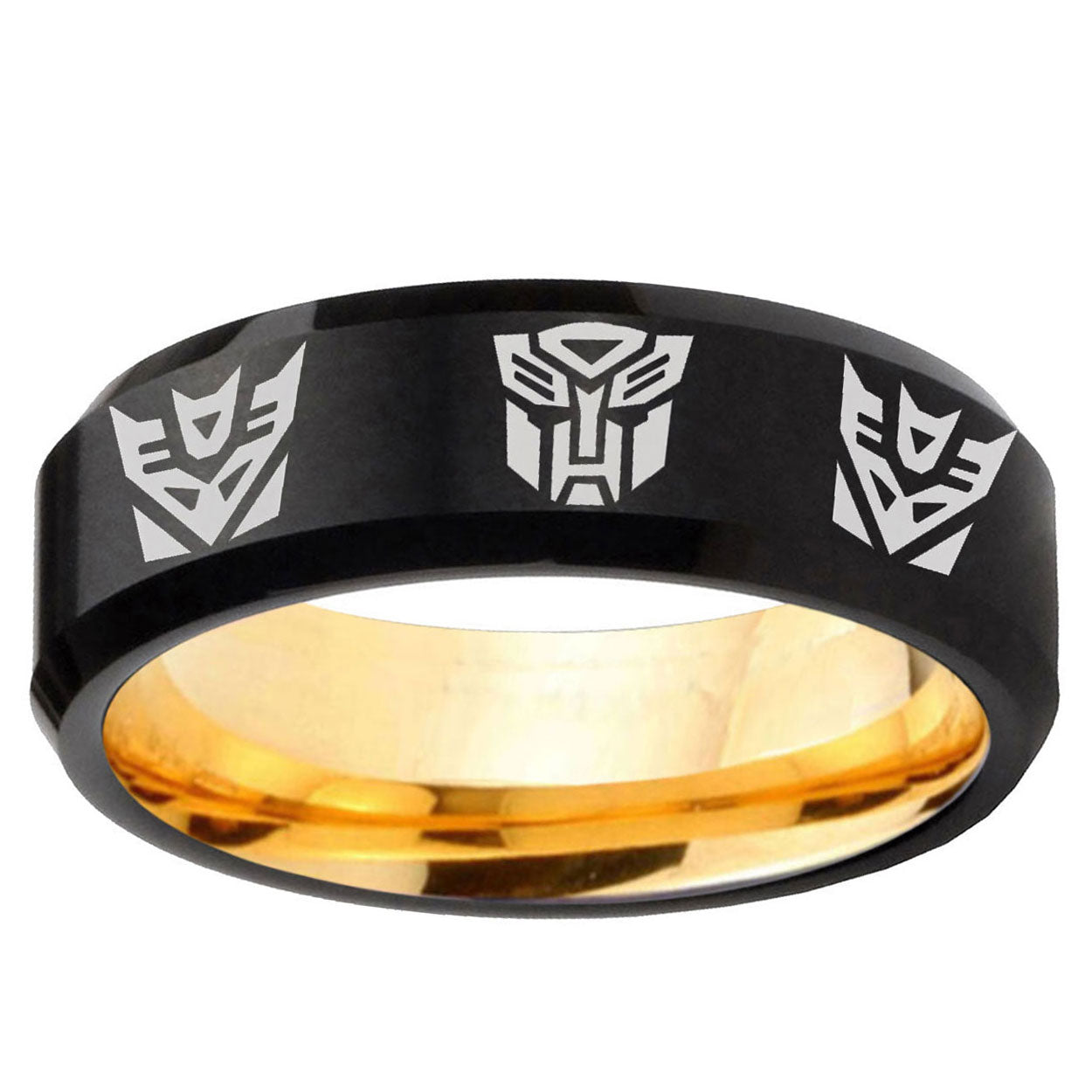 Transformers Autobot Decepticon Bevel Black Gold Tungsten Ring