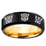 Transformers Autobot Decepticon Beveled Edge Black And Gold Tungsten Carbide Men's Ring