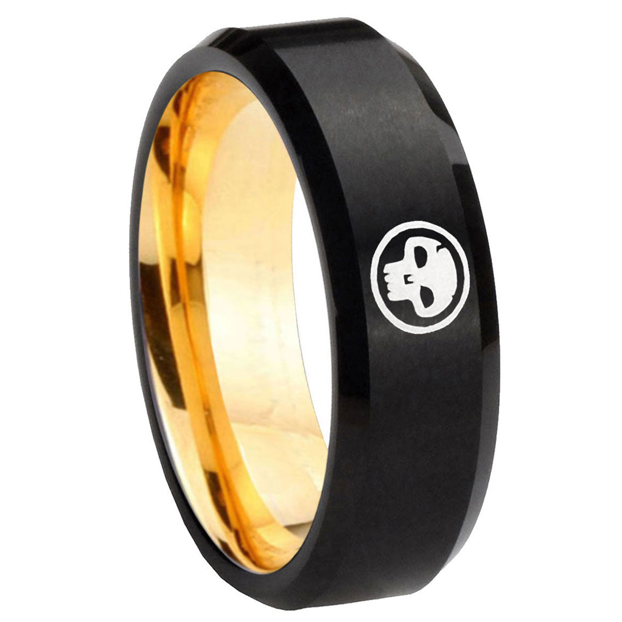 8mm Skull Beveled Edge Black And Gold Tungsten Engraved Ring