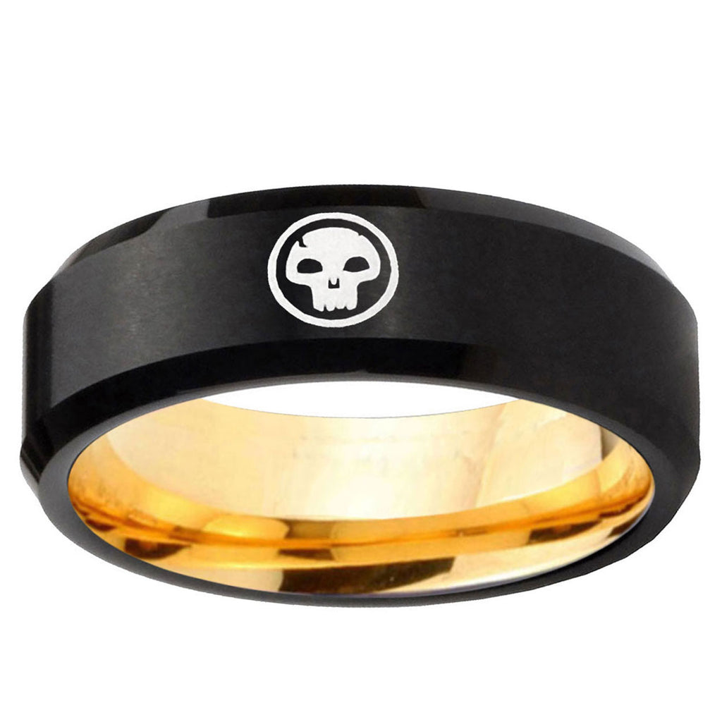 Skull Beveled Edge Black And Gold Tungsten Engraved Ring