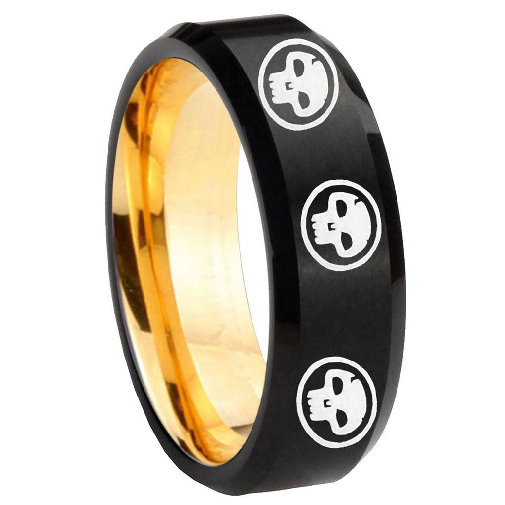 8mm Multiple Skull Beveled Edge Black Gold Tungsten Ring