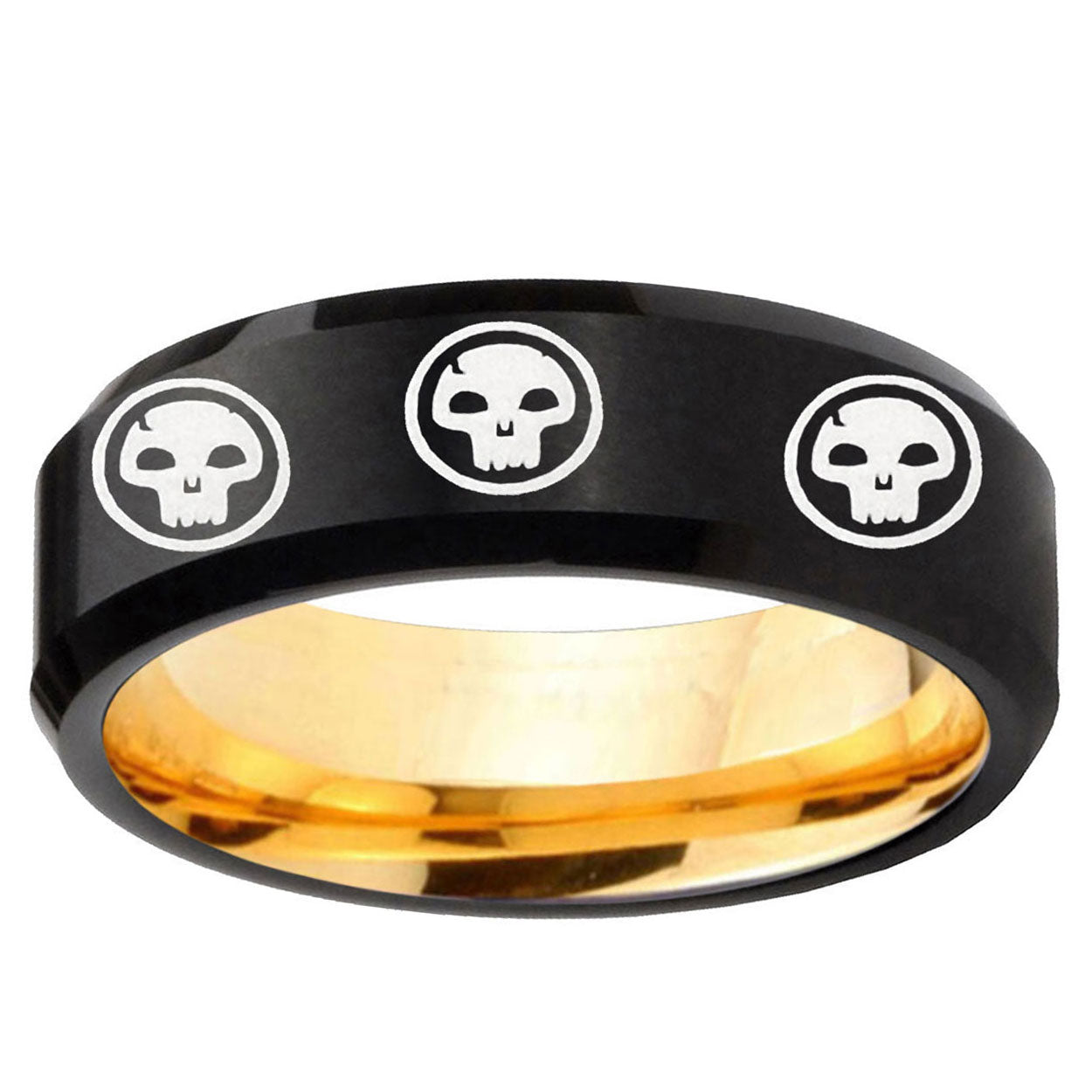 Multiple Skull Beveled Edge Black Gold Tungsten Ring