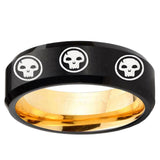 Multiple Skull Beveled Edge Black And Gold Tungsten Carbide Anniversary Ring