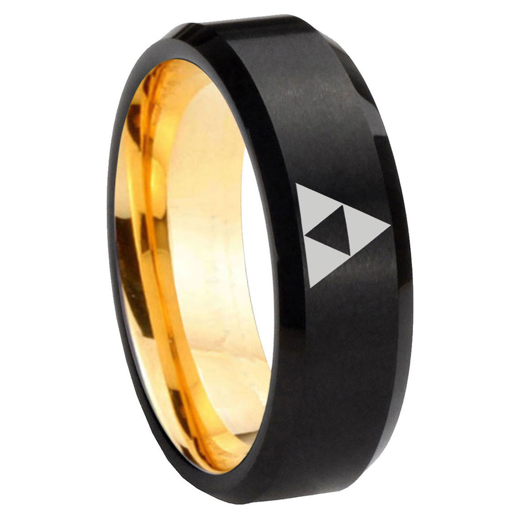 8mm Zelda Triforce Beveled Edge Black Gold Tungsten Custom Ring