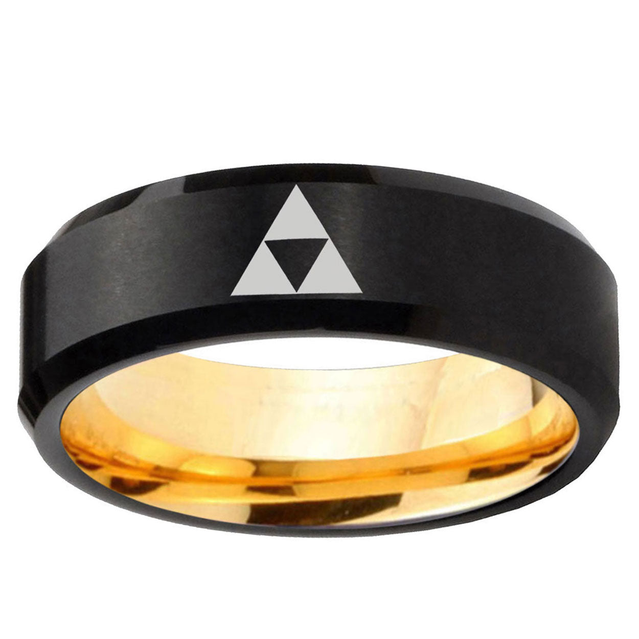 Zelda Triforce Beveled Edge Black Gold Tungsten Custom Ring