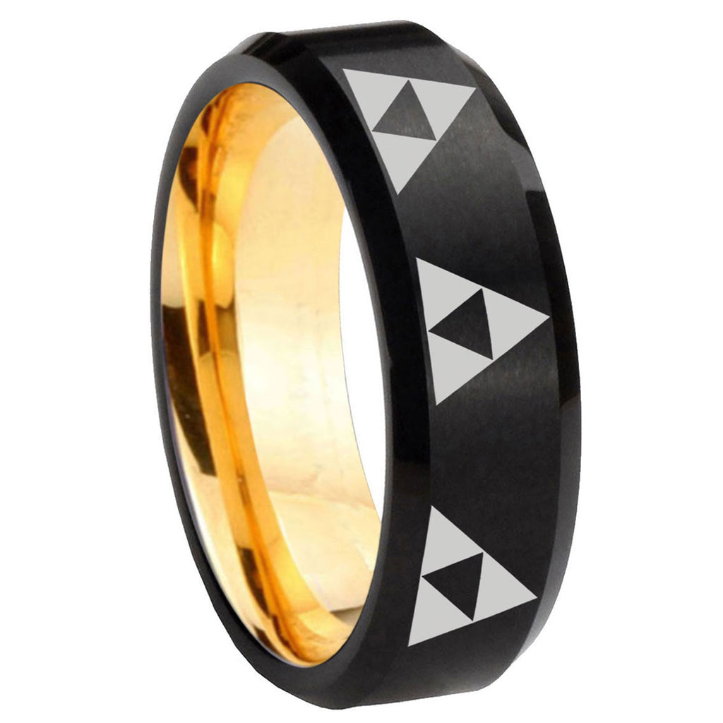 8mm Multiple Zelda Triforce Beveled Black Gold Tungsten Ring