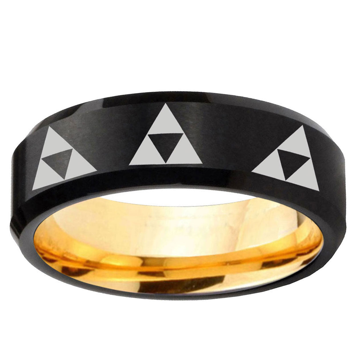 Multiple Zelda Triforce Beveled Black Gold Tungsten Ring