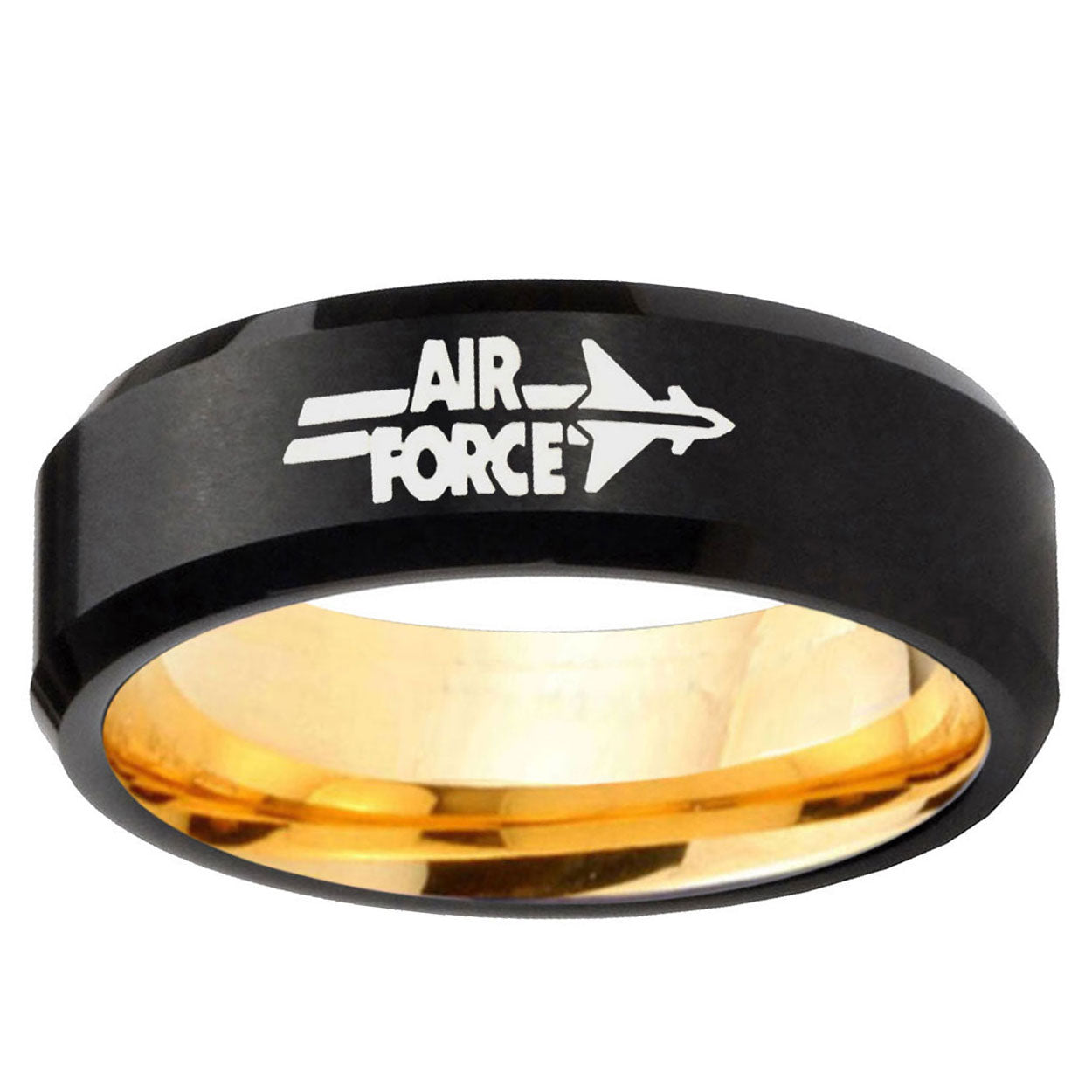 Beveled Edge Black Gold Air Force Tungsten Engraved Ring