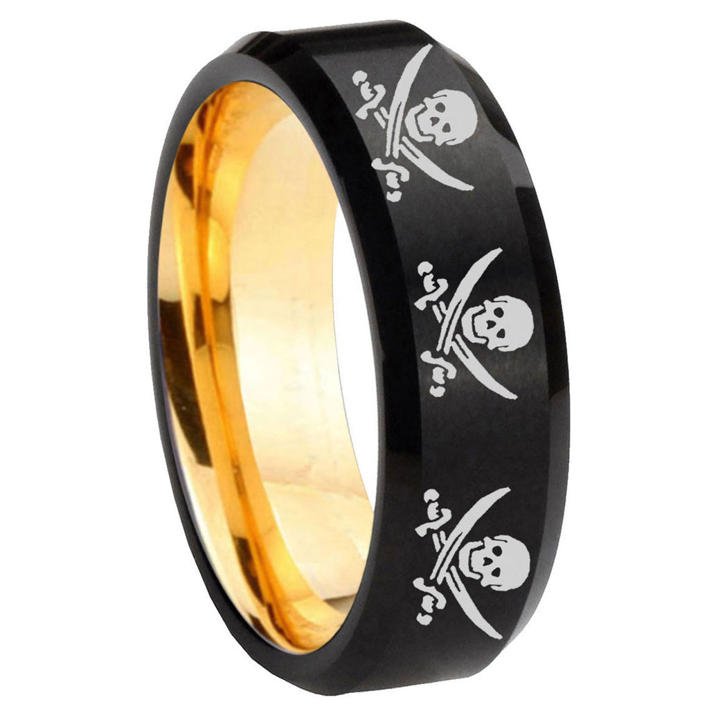 8mm Multiple Skull Pirate Beveled Edge Black Gold Tungsten Ring