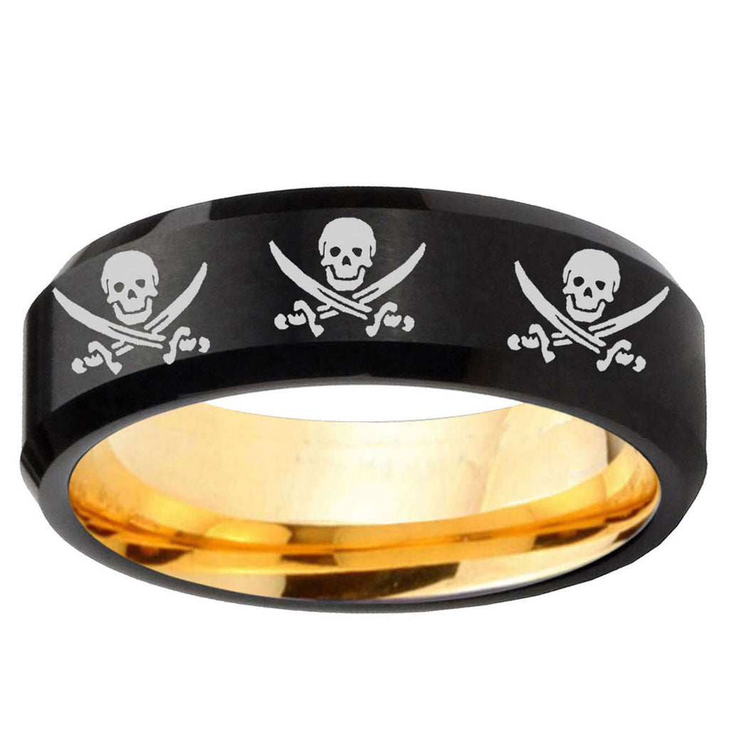 Multiple Skull Pirate Beveled Edge Black Gold Tungsten Ring