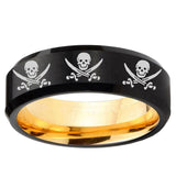 Multiple Skull Pirate Beveled Edge Black And Gold Tungsten Engagement Ring