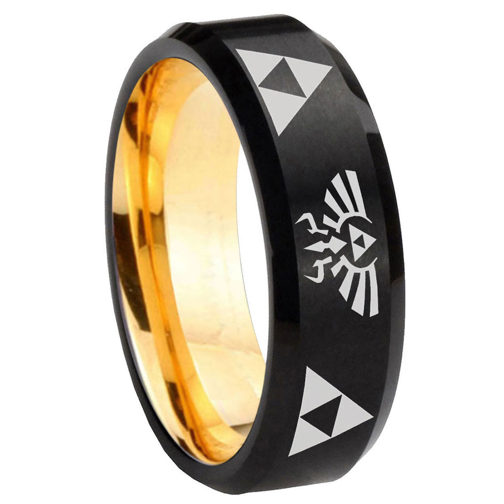 8mm Legend Triforce Zelda Beveled Tungsten Black Gold Ring