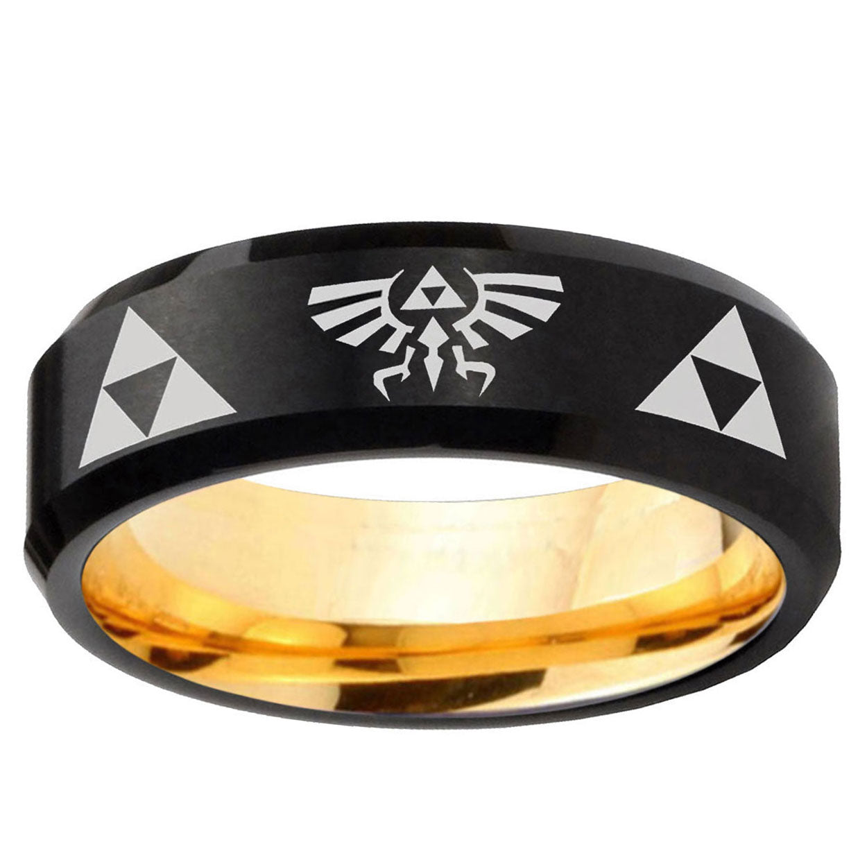 Legend Triforce Zelda Beveled Tungsten Black Gold Ring