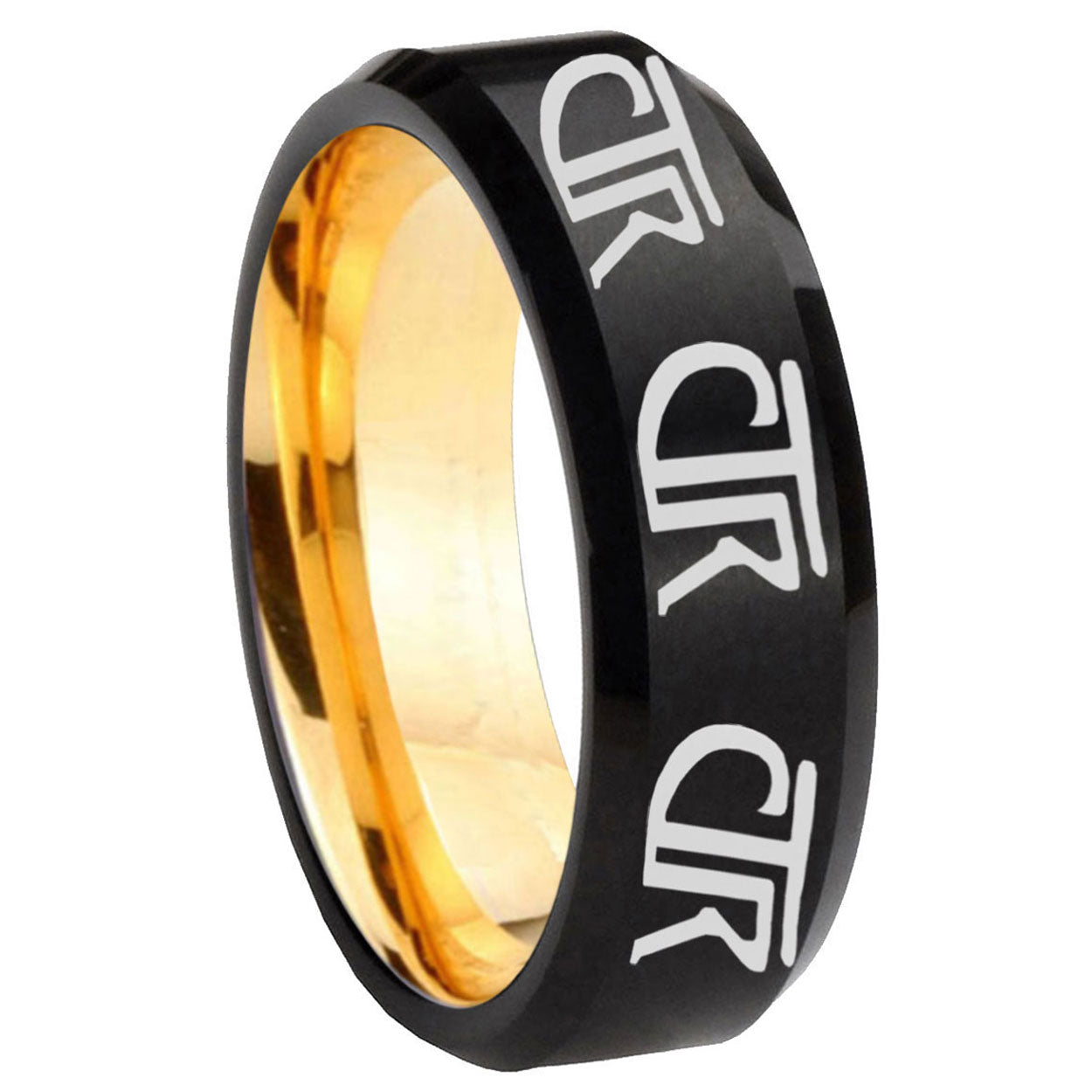 8mm Multiple CTR Beveled Edge Black Gold Tungsten Promised Ring