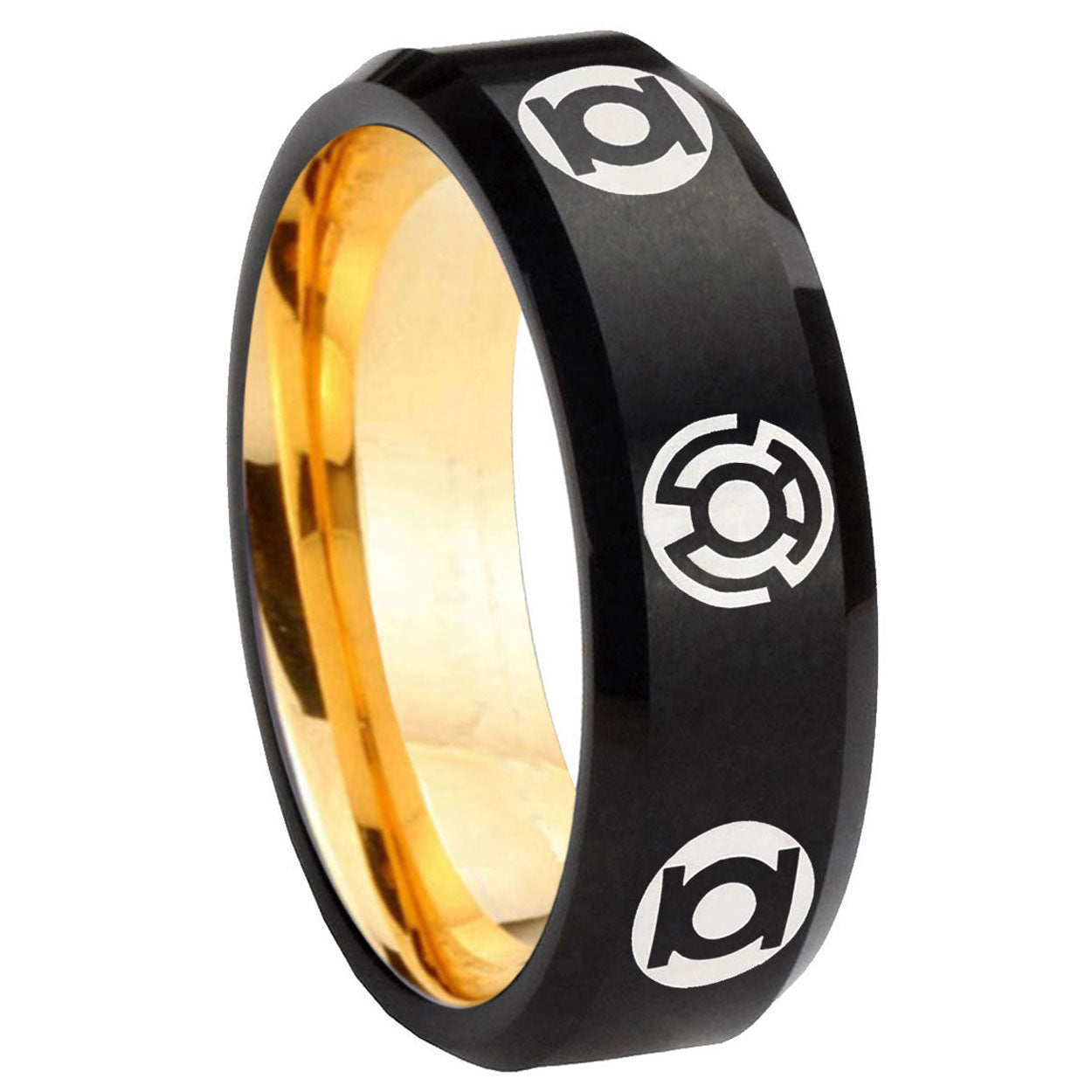 8mm Blue Green Lantern Beveled Edge Black Gold Tungsten Ring