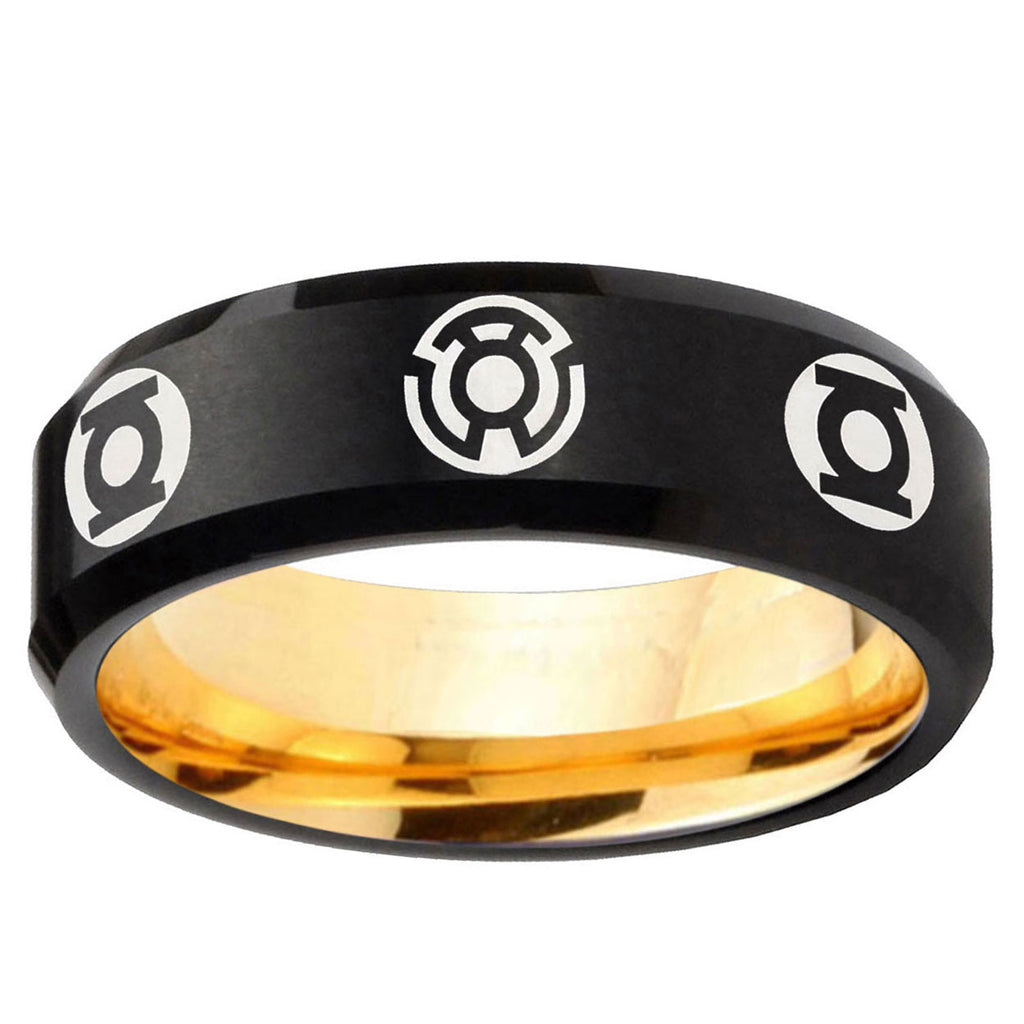 Blue Green Lantern Beveled Edge Black Gold Tungsten Ring