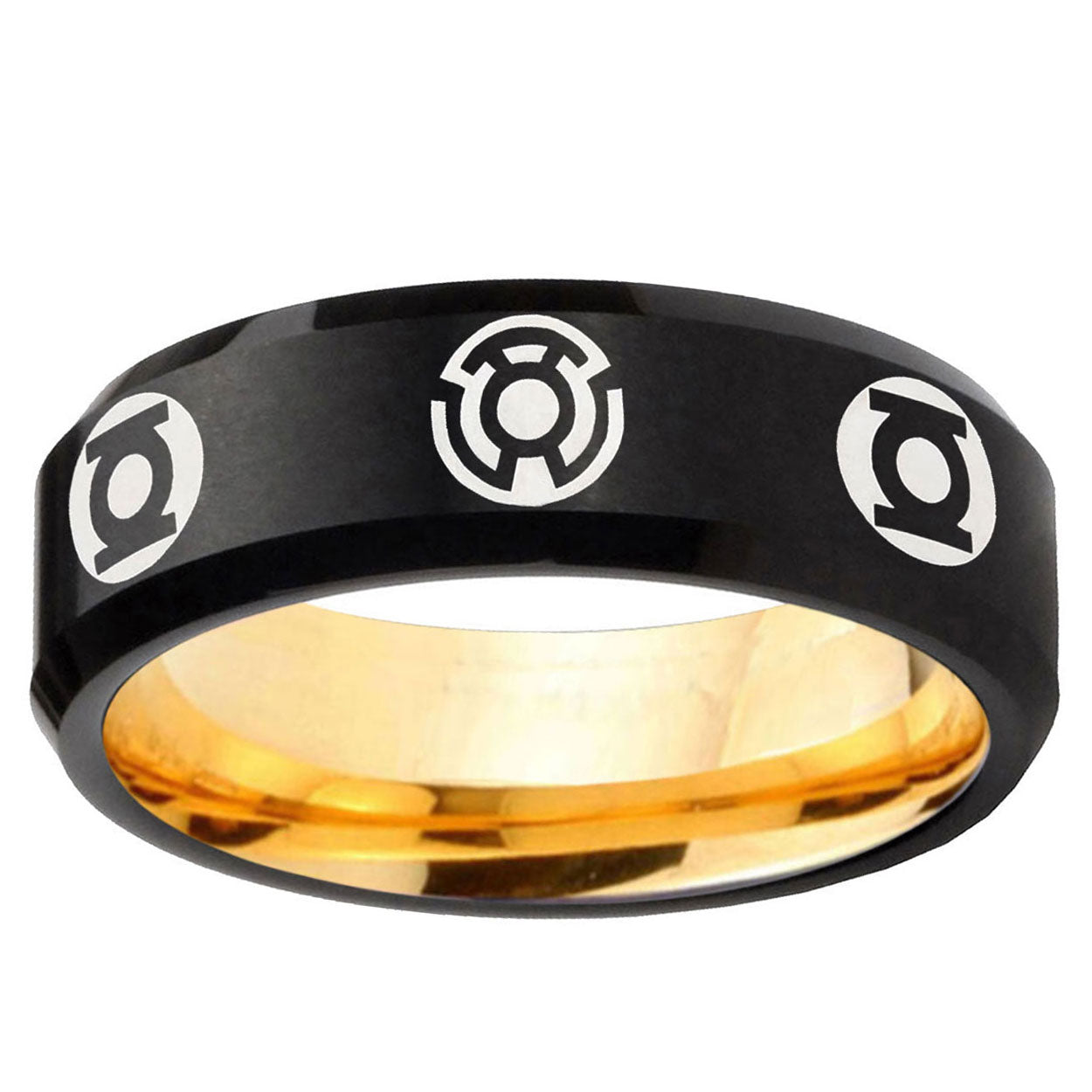 Blue Green Lantern Beveled Edge Black Gold Tungsten Ring