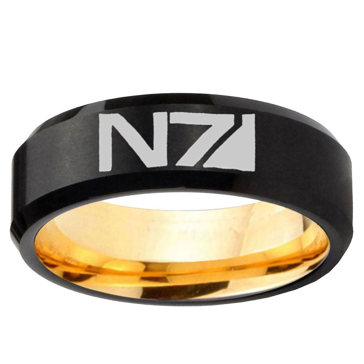 N7 Design Beveled Edge Black And Gold Tungsten Wedding Ring