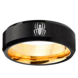 8mm Spiderman Beveled Tungsten Carbide Black Gold Mens Promise Ring