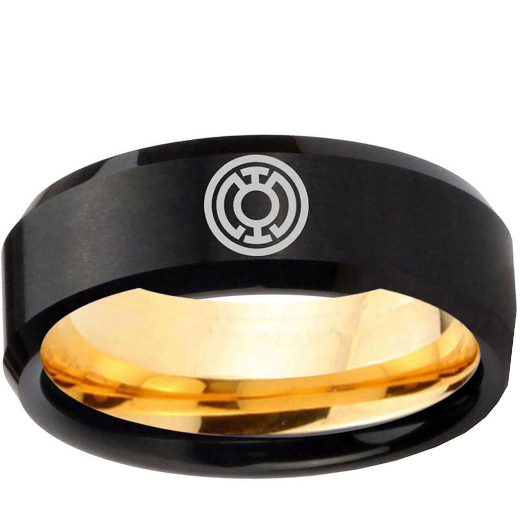 Blue Lantern Beveled Edge Gold Black Tungsten Ring Engraved