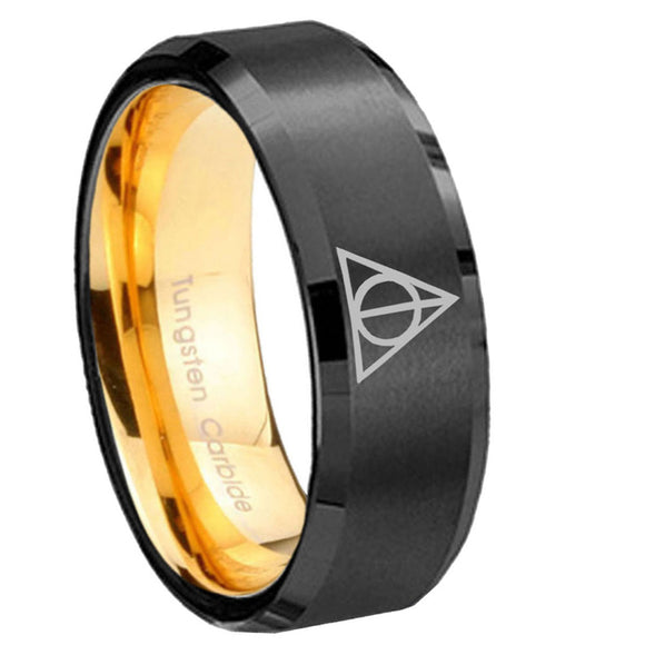 8mm-Deathly-Hallows-Beveled-Tungsten-Carbide-Black-Gold-Mens-Promise-Ring