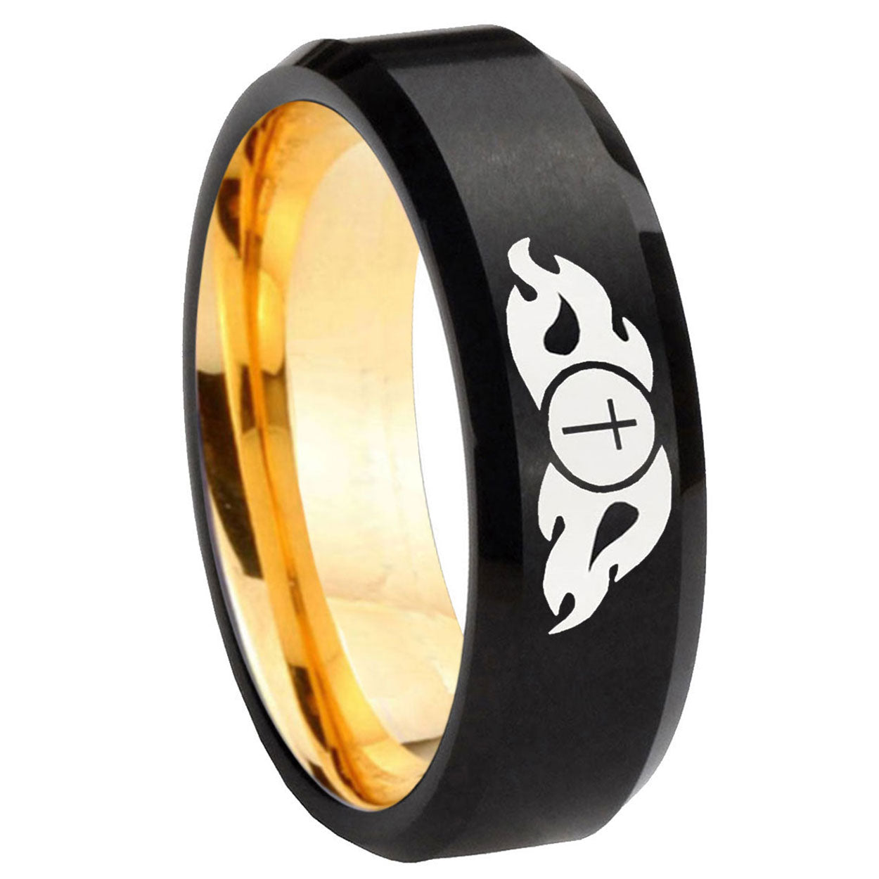8mm Flamed Cross Beveled Edge Black Gold Tungsten Promise Ring