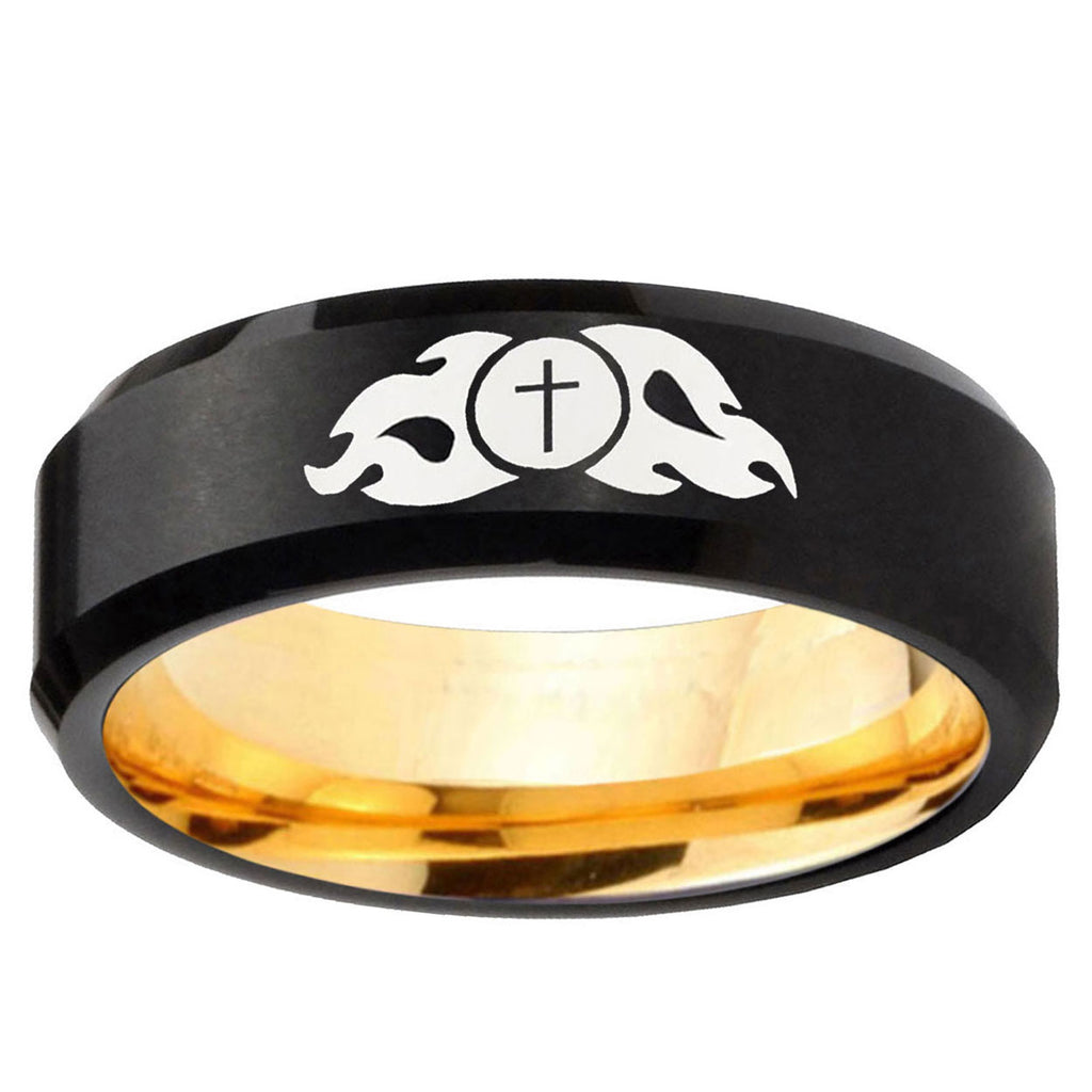 Flamed Cross Beveled Edge Black Gold Tungsten Promise Ring