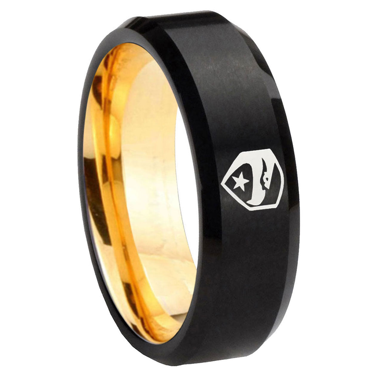 8mm GI Joe Eagle Beveled Edge Black And Gold Tungsten Ring