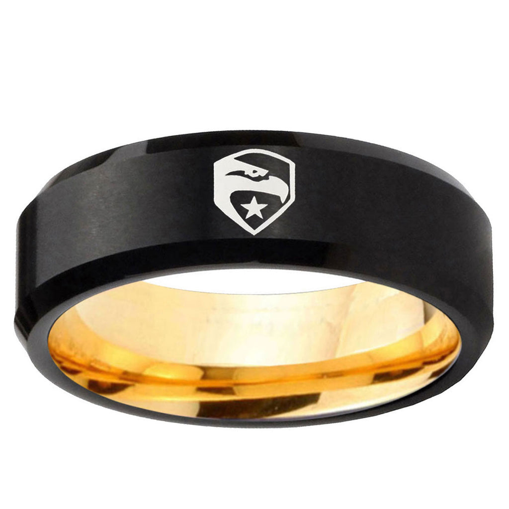 GI Joe Eagle Beveled Edge Black And Gold Tungsten Ring