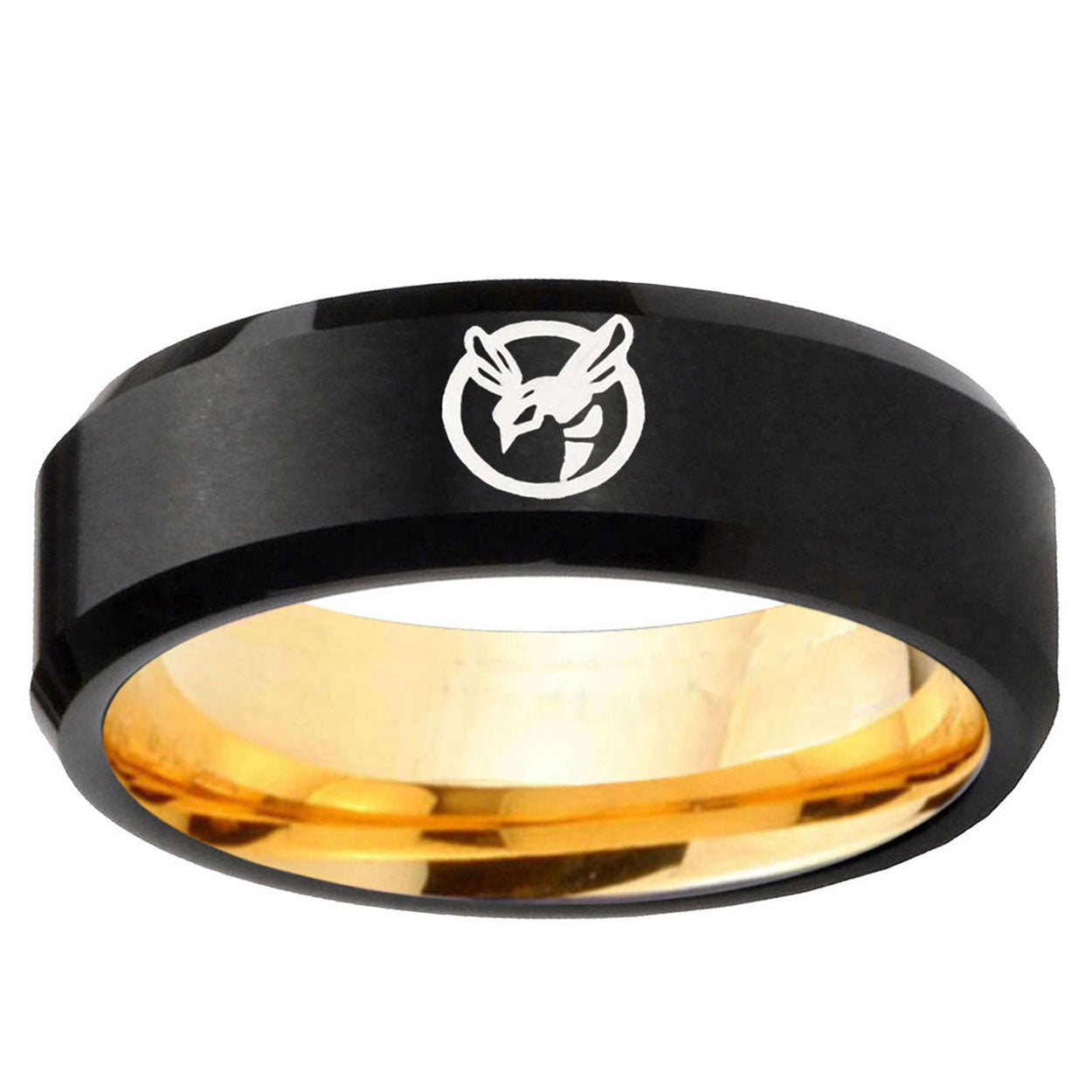 Honey Bee Beveled Edge Black And Gold Tungsten Wedding Band