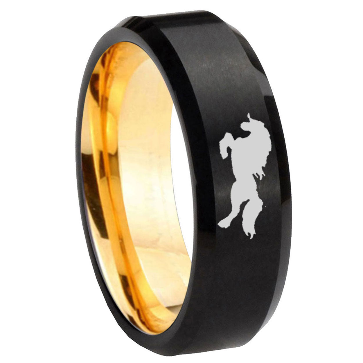 8mm Horse Beveled Edge Black And Gold Tungsten Wedding Band