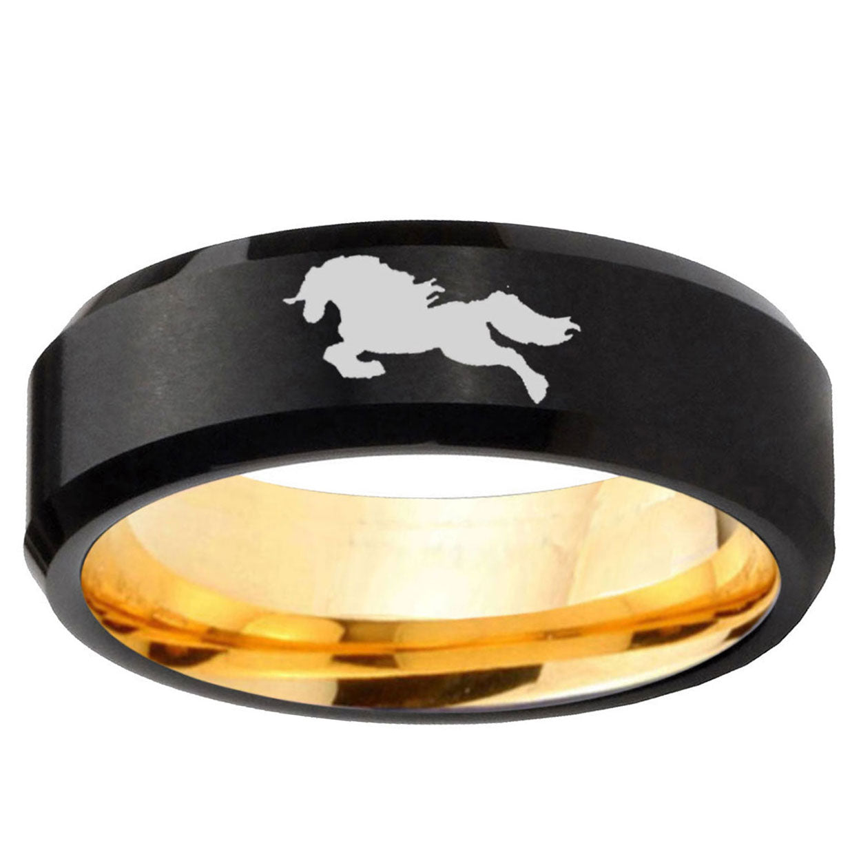 Horse Beveled Edge Black And Gold Tungsten Wedding Band