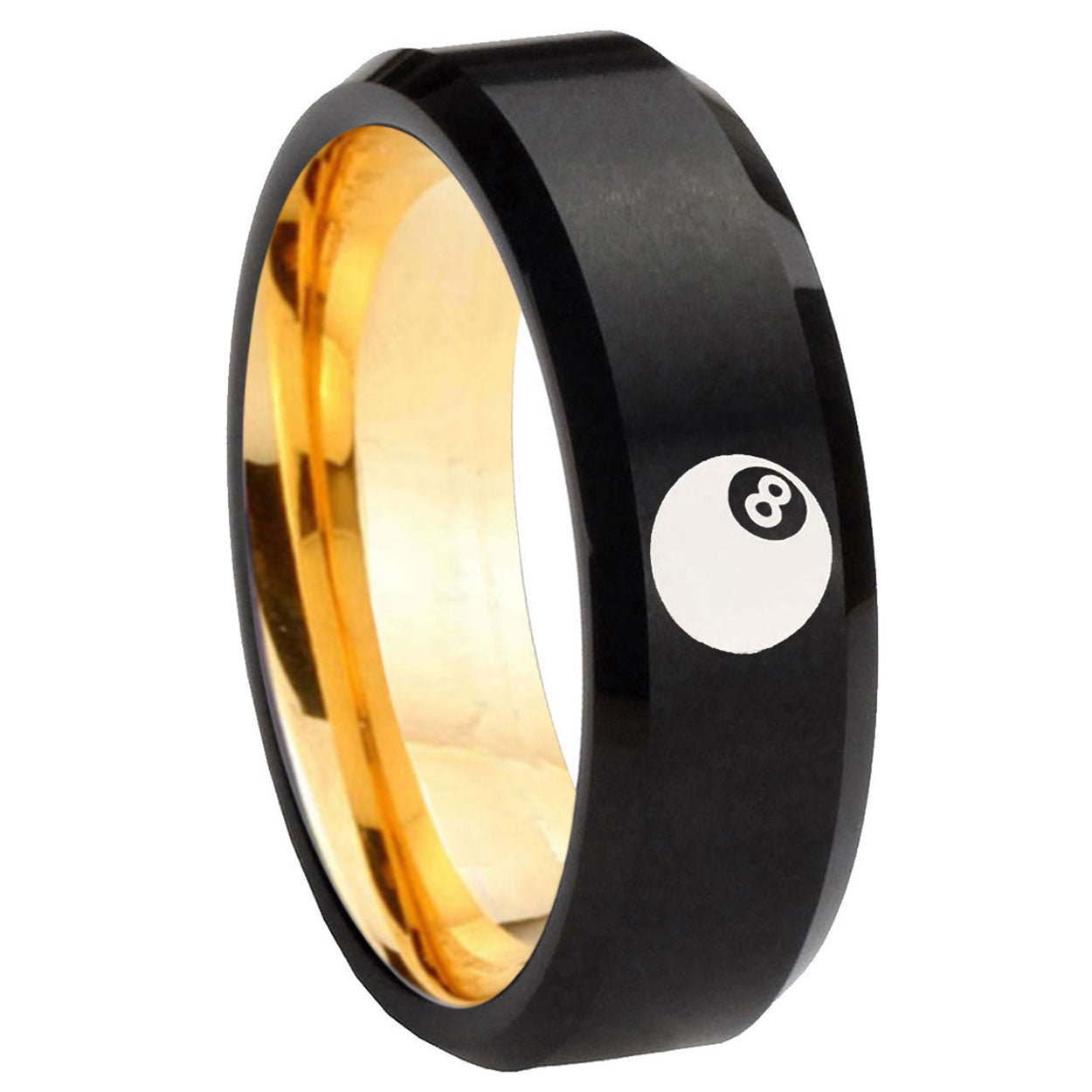 8mm 8 Ball Beveled Edge Black And Gold Tungsten Engraved Ring