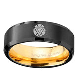 8mm Iron Man Art Reactor Beveled Edge Gold Black Men's Rings Tungsten